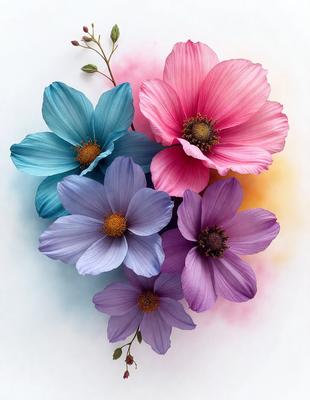 The primary subject of the image is a bouquet of four different colored flowers, including blue, pink, purple, and yellow. The flowers are arranged in a heart shape, creating a visually appealing and romantic display. The setting is a white background, which provides a clean and minimalist look to the image. The visual style is a combination of photo and digital art, as the flowers are depicted in a realistic manner while the heart shape adds a touch of creativity. The colors and mood of the image are